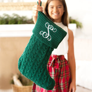 Hunter Green Cable Knit Holiday Stocking with Monogram