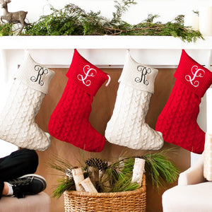 Red Cable Knit Holiday Stocking with Monogram