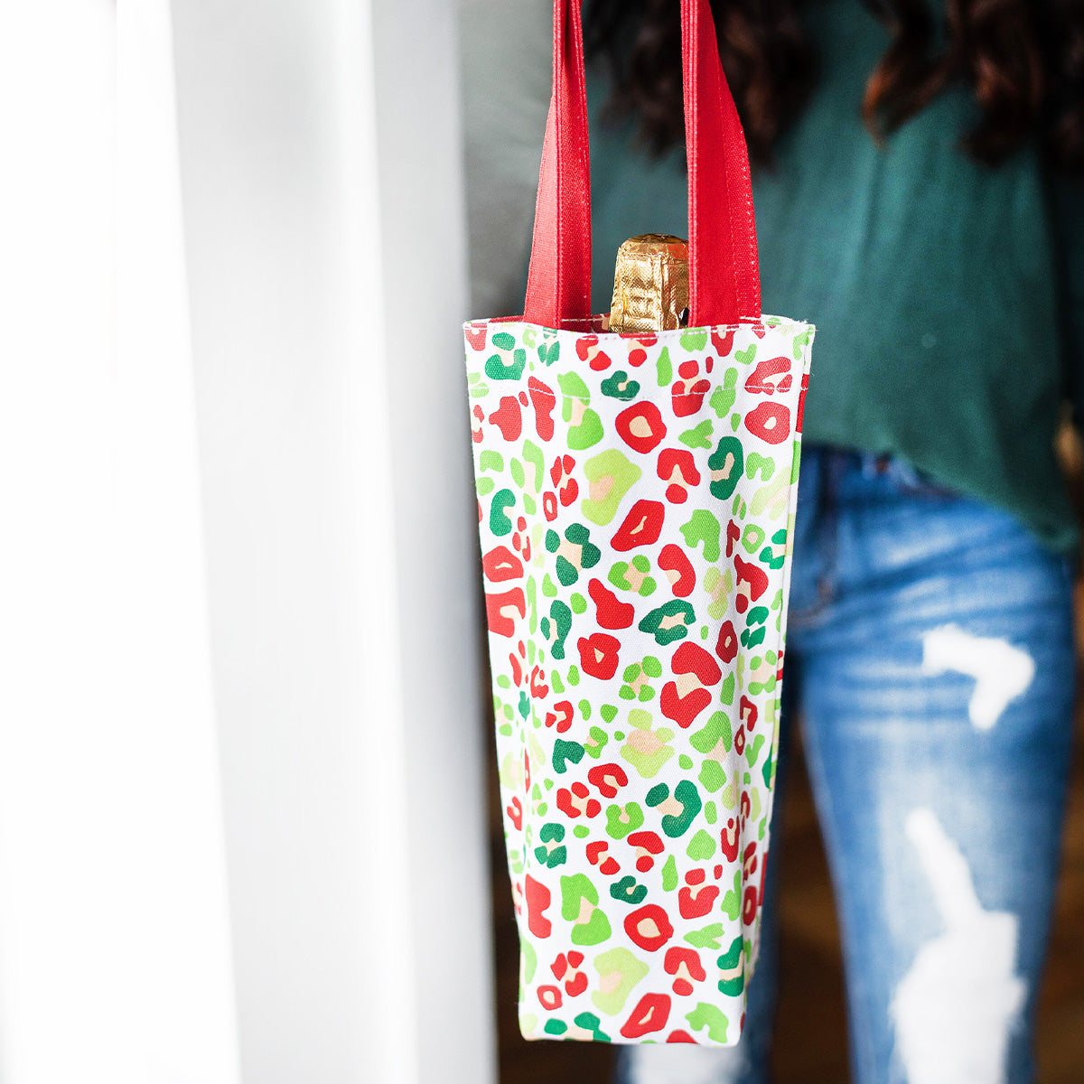 Festive Leopard Fabric Wine Tote Bag