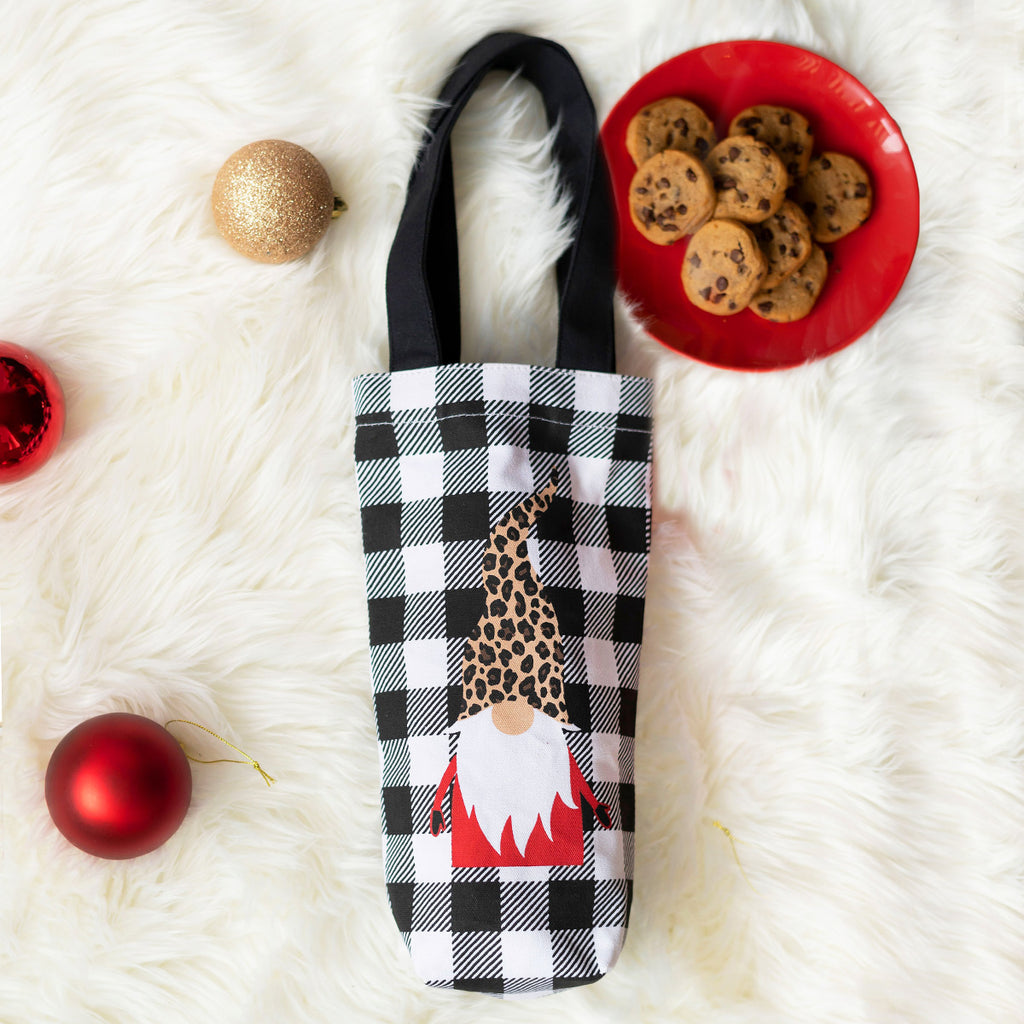 Gnome Buffalo Check Fabric Wine Tote Bag