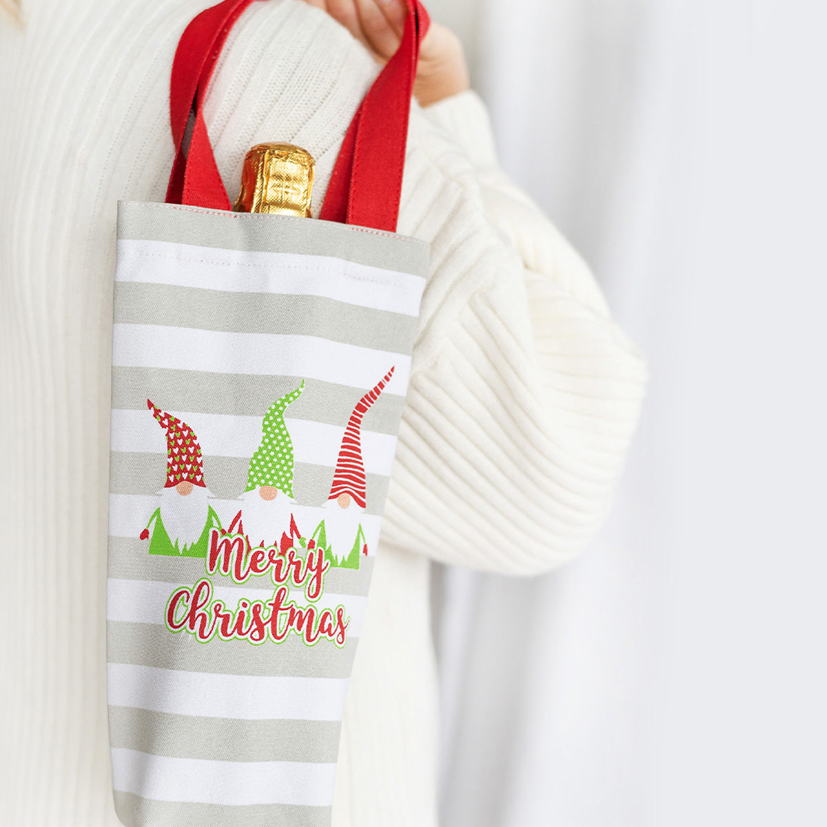 Merry Christmas Gnome Fabric Wine Tote Bag