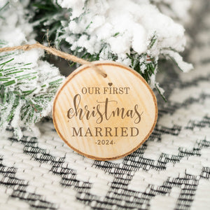 "Our First Christmas Married 2024" Flat Wood Holiday Ornament