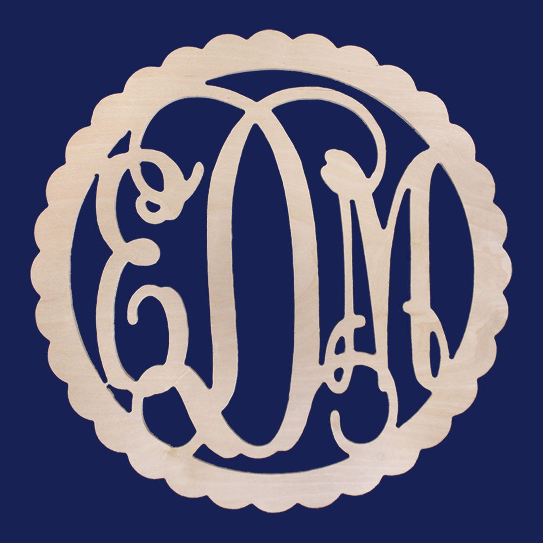 Three Initial Scallop Edge Wood Monogram ~ 22 in. dia.