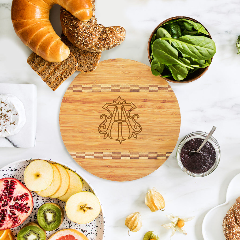 Round Bamboo Cutting Board in Chic Monogram Design