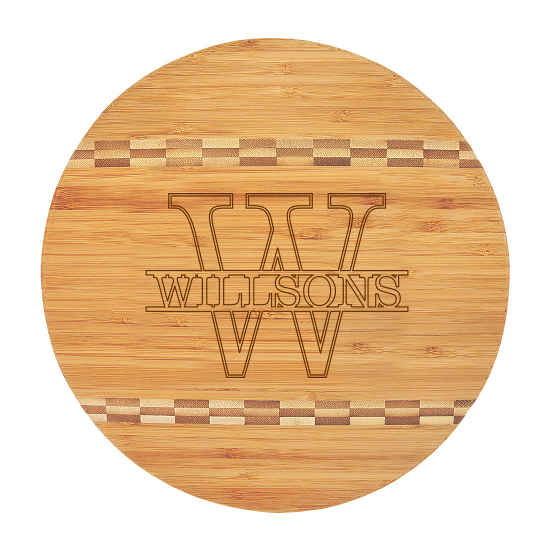 Round Bamboo Cutting Board in Overlay Name with Initial Design