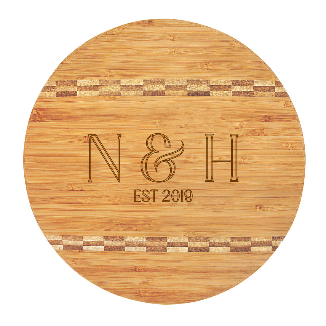 Round Bamboo Cutting Board in Stacked Initials with Est. Year Design