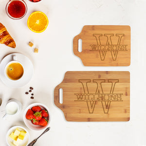 Handled Bamboo Cutting Board in Overlay Name with Initial Design