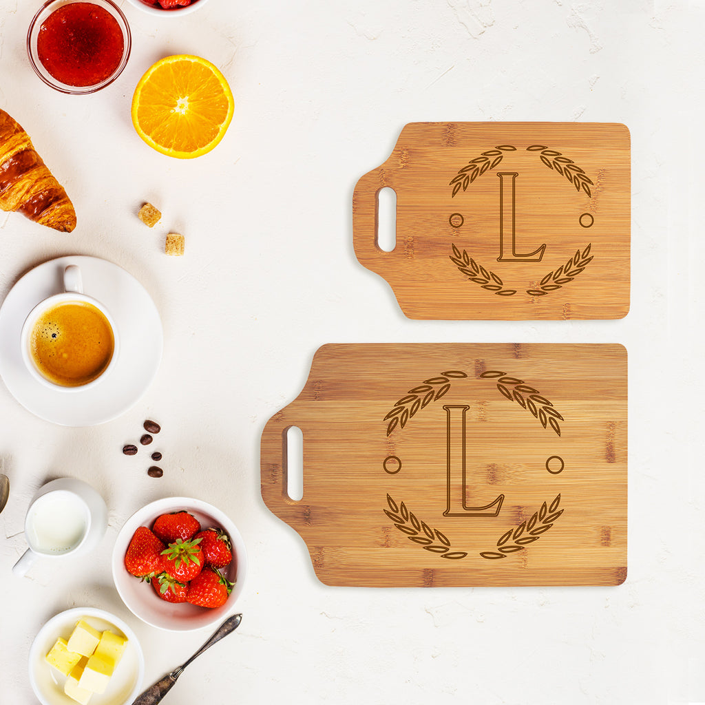 Handled Bamboo Cutting Board in Wreath with Initial Design