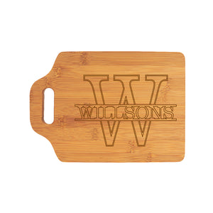 Handled Bamboo Cutting Board in Overlay Name with Initial Design