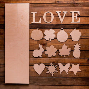 Multi-Season LOVE Porch Sign with Interchangeable Shapes ready-to-paint project kit - 11 x 36